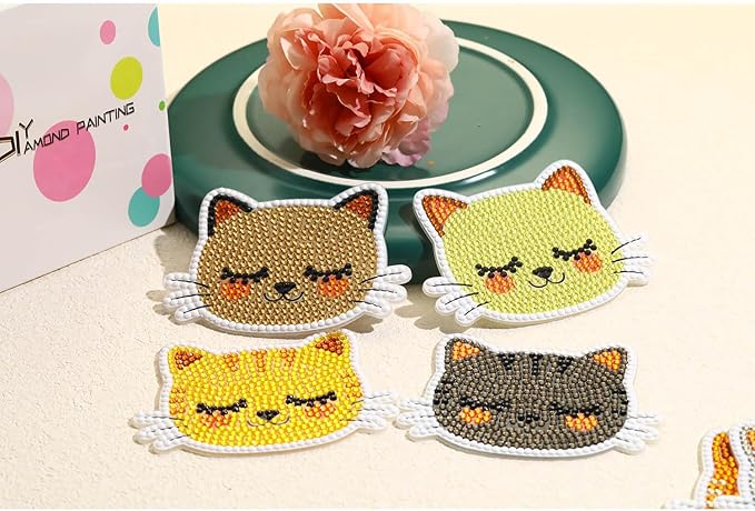 8 PCS Cat Diamond Art Coasters Kits, Diamond Painting Coasters with Holder Set of 8, DIY Drink Coasters Art Crafts Supplies for Adults Cup Mat for Home Decor House Warming Gifts Non-Slip 3.9inch