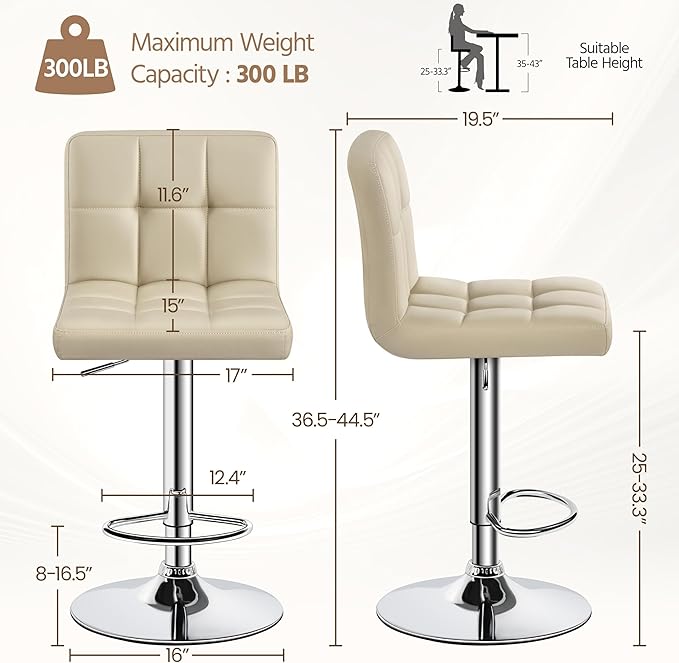 Yaheetech Bar Stools Set of 4, Adjustable PU Leather Swivel Barstools, Modern Counter Stools with Back and Footrest, Counter Height Barstools for Bar, Kitchen, Dining Room, Khaki