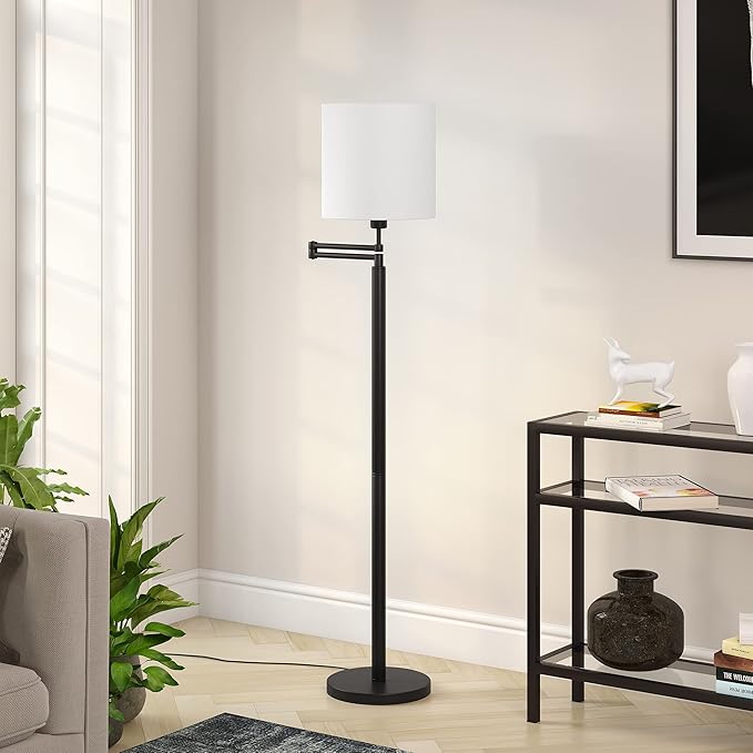 Moby Swing Arm Floor Lamp with Fabric Drum Shade in Blackened Bronze/White