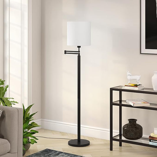 Moby Swing Arm Floor Lamp with Fabric Drum Shade in Blackened Bronze/White