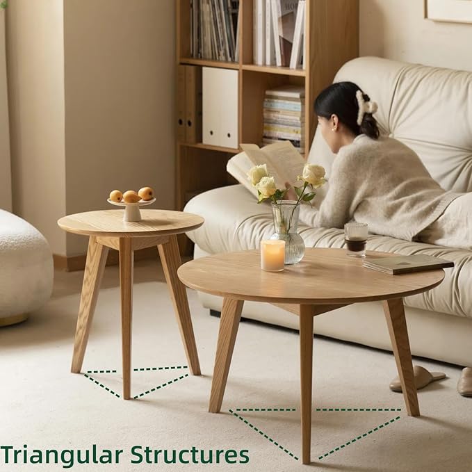 100% Solid Oak Wood Mini Coffee Table, Round Side Table w/Solid Wood Legs, Minimalist Coffee Table w/Sturdy Frame for Bedroom Balcony Living Room (29.53" D x 17.72" H)