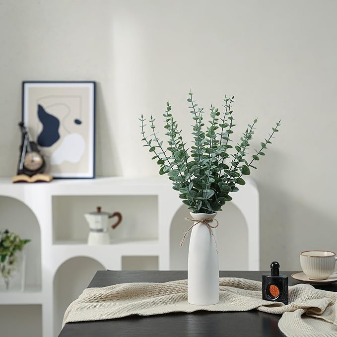 Vase with Greenery, 20pcs Artificial EucalyptusStems in White Vase, Boho Home Decor Plant, 19" Decorative Fake Plants for Home Farmhouse Mantle Centerpiece Decor