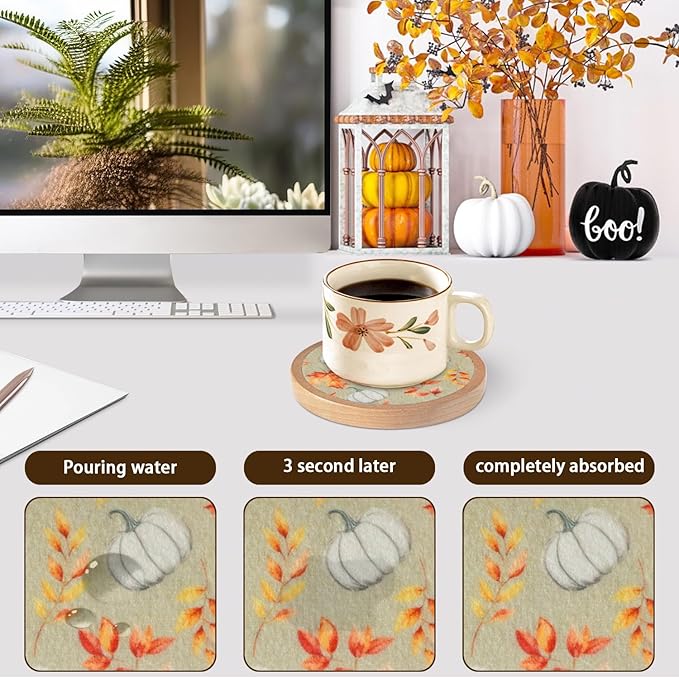 Pumpkins Coaster Set of 6 Cewiru Halloween Coasters for Drinks Absorbent Cup Mats for Table Protection Unique Fall Round Coasters for Coffee Table Kitchen Decor 4.3"