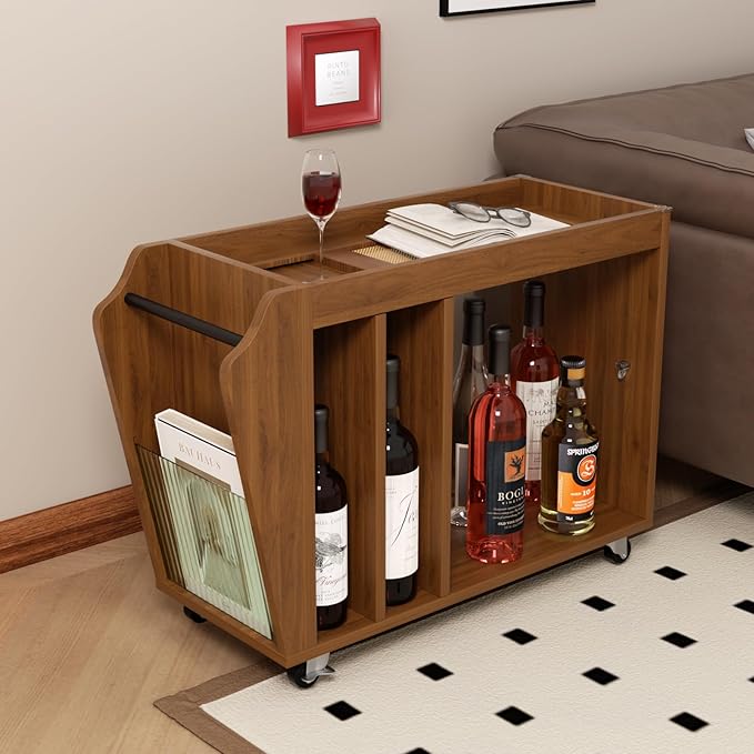 Movable End Table with Brakeable Wheels, Sofa Side Table with Magazine Holder, Removable Layer Board & Storage Compartments - Nightstand, Narrow Side Table, Bedside Table, Living Room, Bedroom (Brown)