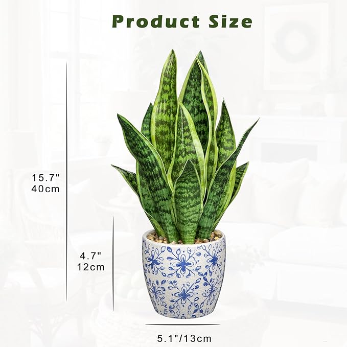 Hollyone Artificial Snake Plant Potted Faux Sansevieria Trifasciata Plants, 15.7" Tropical Fake Plants in Blue and White Porcelain Pots for Home Office Room Indoor Decor Housewarming Gifts