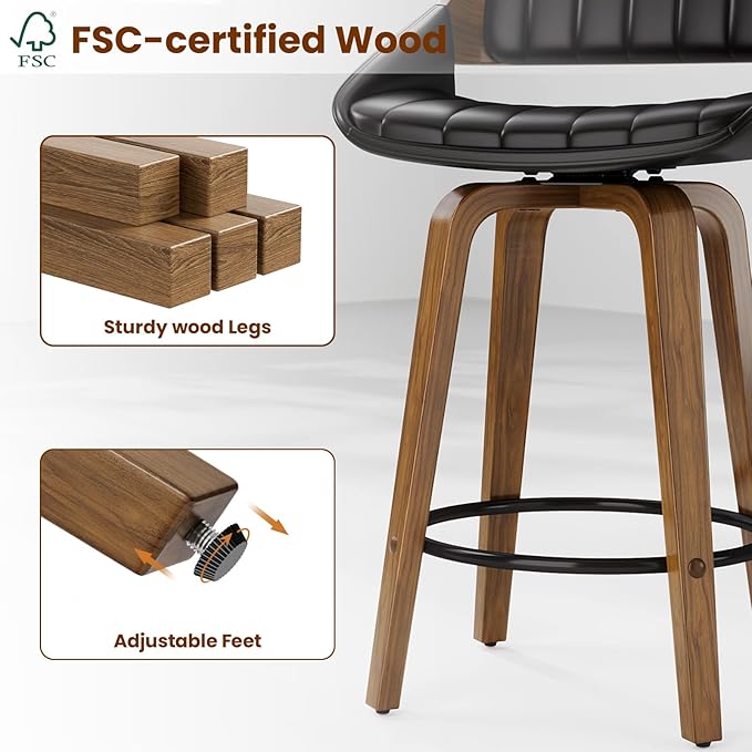 Bar Stools Set of 8, 26" Swivel Counter Height Barstools with Walnut Bentwood Back and Legs, Mid-Century Modern Faux Leather Upholstered Bar Chairs with footrest for Bar, Kitchen Island, café, Black