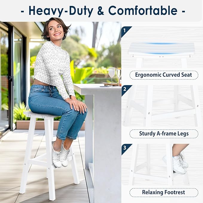 nalone 29 Inch Outdoor Bar Stools Set of 2, HDPE Bar Chairs with Footrest, Weather Resistant Barstools Outside Counter Height Stools for Patio Yard (White, 29'' Barstools Set of 2)