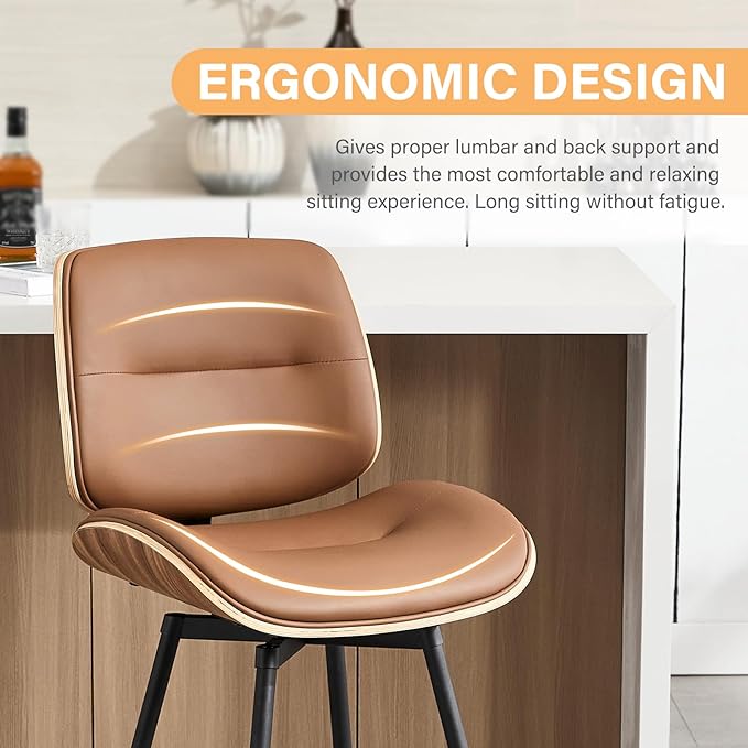 Mid Century Modern Counter Stools Set of 2, 27" Swivel Bar Stools with Metal Legs, Faux Leather Upholstered Bar Chairs with Footrest for Kitchen Island & Dining Tables, Brown