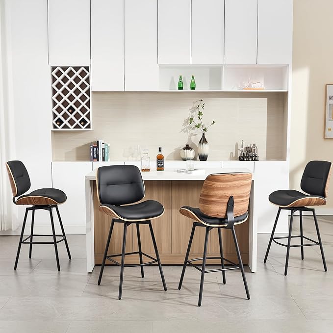 Mid Century Modern Counter Stools Set of 2, 27" Swivel Bar Stools with Metal Legs, Faux Leather Upholstered Bar Chairs with Footrest for Kitchen Island & Dining Tables, Black