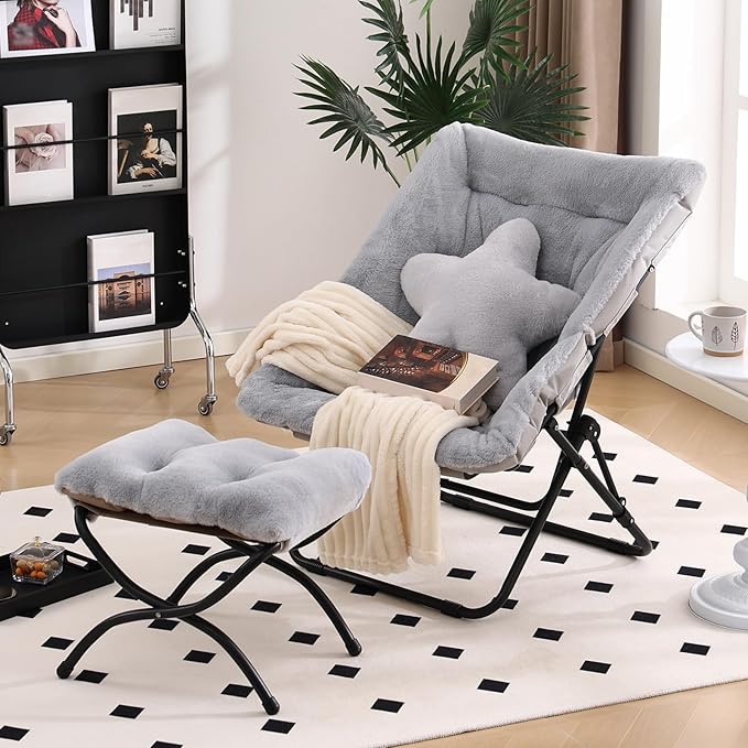 Welnow Comfy Saucer Chair with Ottoman, Oversized Folding Reading Chair for Adults with Throw Pillow Soft Faux Fur Lounge Chair for Bedroom Furry Accent Chair for Living Room, Dorm Rooms, Grey