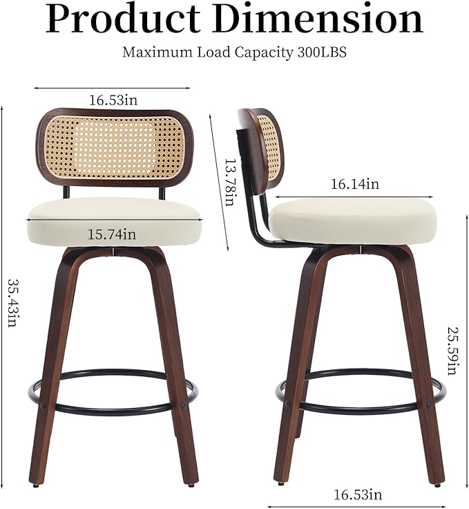 Swivel Counter Height Bar Stools Set of 4, 26 inch Bar Chairs with Curved Rattan Back, Upholstered PU Leather, Walnut Craftsmanship, Mid Century Modern Counter Stools for Kitchen Counter, Beige