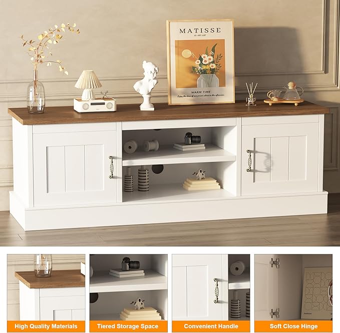 Farmhouse TV Stand for 65 Inch TVs Entertainment Center with Storage Cabinets Modern Media Console Table Rustic Wood Design for Living Room Office 61 * 17.7 * 21.7 Inch White&Brown