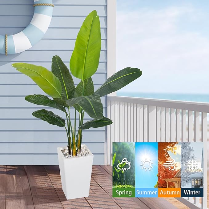 Bird of Paradise Artificial Plant 5FT, Faux Tropical Palm Tree with White Tall Planter, Large Fake Plants in Pot - Artificial Tree for Home Office Living Room Decor Indoor