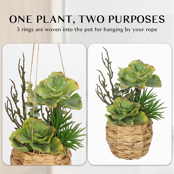 10" Large Succulents Plants Artificial in Wooden Pots, Potted Faux Succulent Arrangement with Woven Pots, Fake Desk Succulents Plants for Home Bathroom Shelf Table Indoor Decor