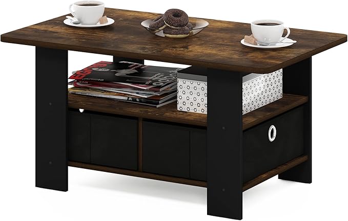 Furinno Andrey Coffee Table with Bin Drawer, Amber Pine/Black Small Non-Lift Top