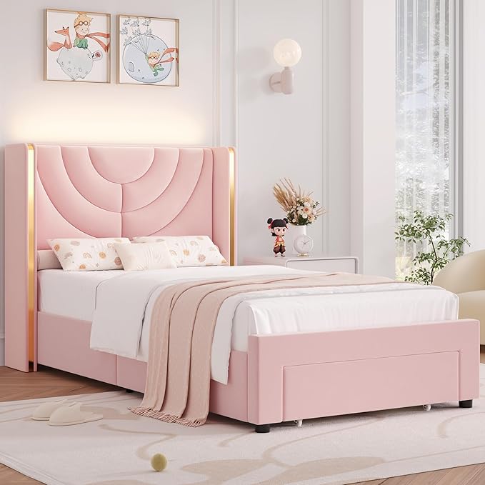 HITHOS Twin Upholstered LED Bed Frame with Storage Drawer, Velvet Kids Bed with Wingback Headboard, Princess Twin Platform Bed for Girls/Kids, Solid Wood Slats Support, No Box Spring Needed, Pink