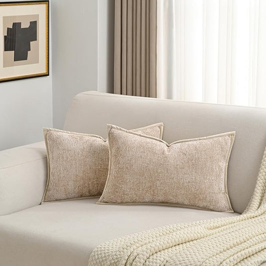 FUTEI Oatmeal Chenille Throw Pillow Covers 12x20 Inch Set of 2,Soft Cozy Bound Edge Design Lumbar Pillow Cases,Home Decor for Couch Bed Living Room