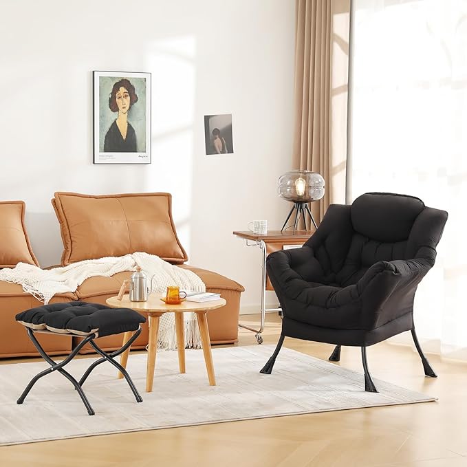Cozy Lazy Chair and Ottoman, Large Contemporary Accent Lounge Chair Set, Leisure Upholstered Reading Armchair for Bedroom, Living Room, Dorm Rooms, Office