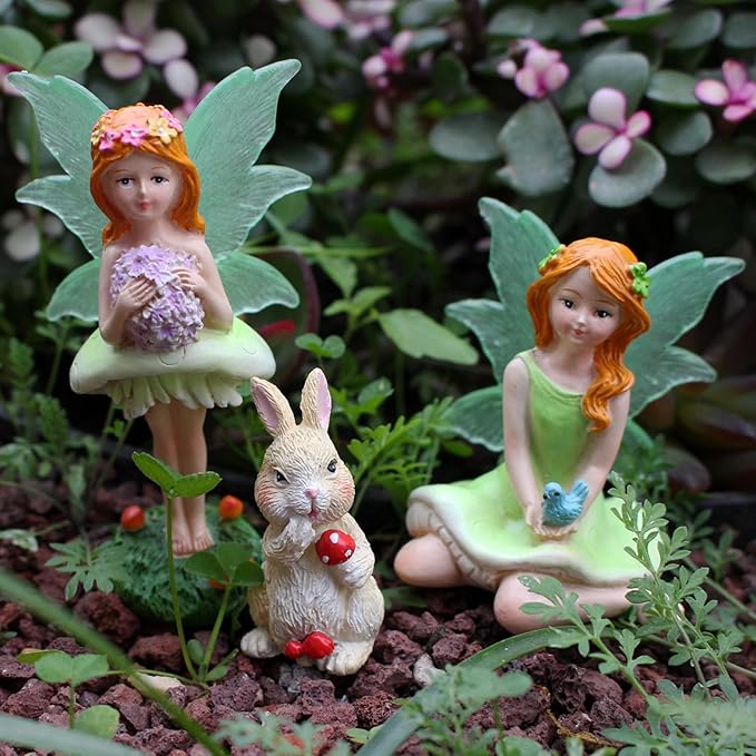 Mushroom Garden Miniatures Fairies Luminous Wings, Mini Garden Figurine Set Fairies Statues with a Rabbit for Outdoor Garden Yard Lawn Home Decor Lovely Resin Fairy Angel Accessories 3 PCS