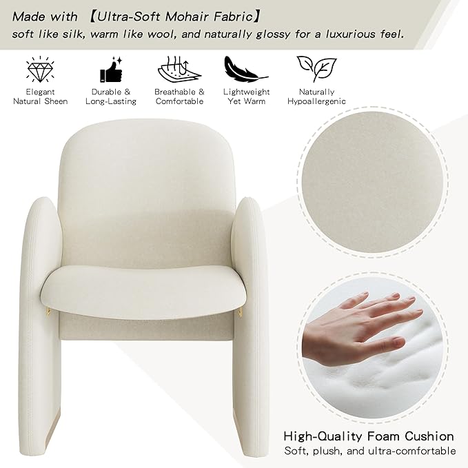 YOUTASTE Oversized Mohair Accent Chair for Living Room & Bedroom, Mid-Century Modern Armchair with Wood Frame & Gold Legs, Comfy Upholstered Single Sofa, Beige