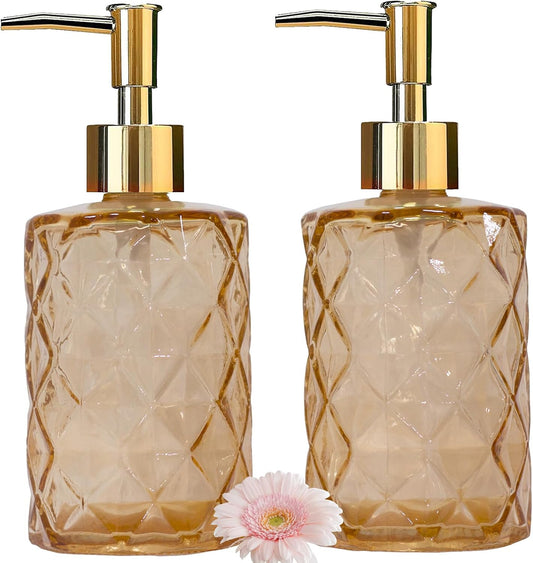 Glass Soap Dispenser with Gold Plastic Pump, 12oz Refillable Liquid Hand Soap Dispenser, 2 Pack Crystal Lotion Bottle for Modern Home Decor, Bathroom, Kitchen Countertop, Hotel(Amber)