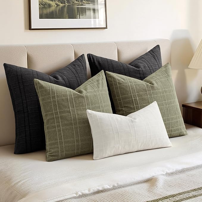 MIULEE Decorative Linen Check Throw Pillow Covers Neutral Farmhouse Vintage Pillow Covers 18x18 Set of 2 Boho Modern Home Decor for Sofa Couch Bedroom Cushion Sage Green