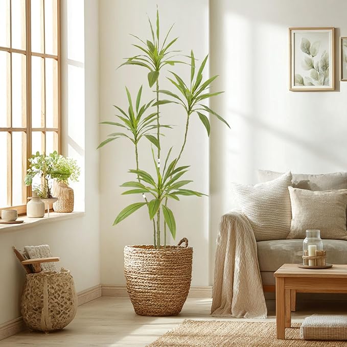 Artificial Cordyline Plant, Indoor Potted Plant, 5 Stems with Black Planter, Suitable for Large Indoor Living Room Decorations, Potted Plants, and Window Display Scenes (Green-5.3ft)