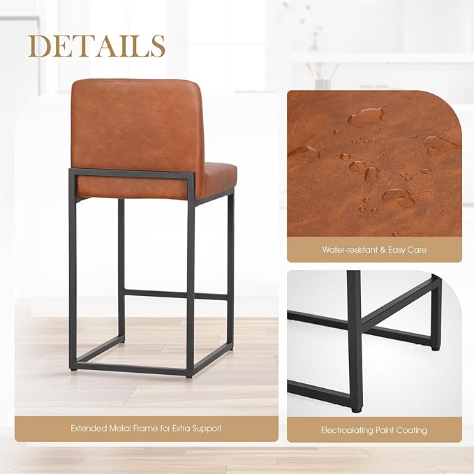 Sophia & William Brown Bar Stools, Counter Height 24" Bar Stools with Back, Modern PU Leather Kitchen Island Bar Chairs,1 Pack
