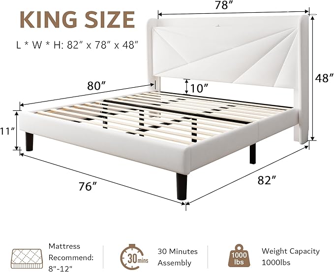 iPormis King Size Bed Frame with Charging Station, Velvet Platform Bed Frame with Wingback Headboard Upholstered Bedframe, Solid Wood Slats Support, No Box Spring Needed, Easy Assembly, White