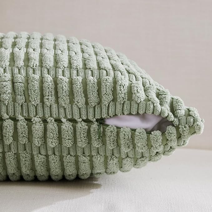 Fancy Homi 2 Packs Sage Green Decorative Throw Pillow Covers 20x20 Inch for Living Room Couch Bed Sofa, Soft Striped Corduroy Square Cushion Case 50x50 cm, Rustic Farmhouse Boho Home Decor