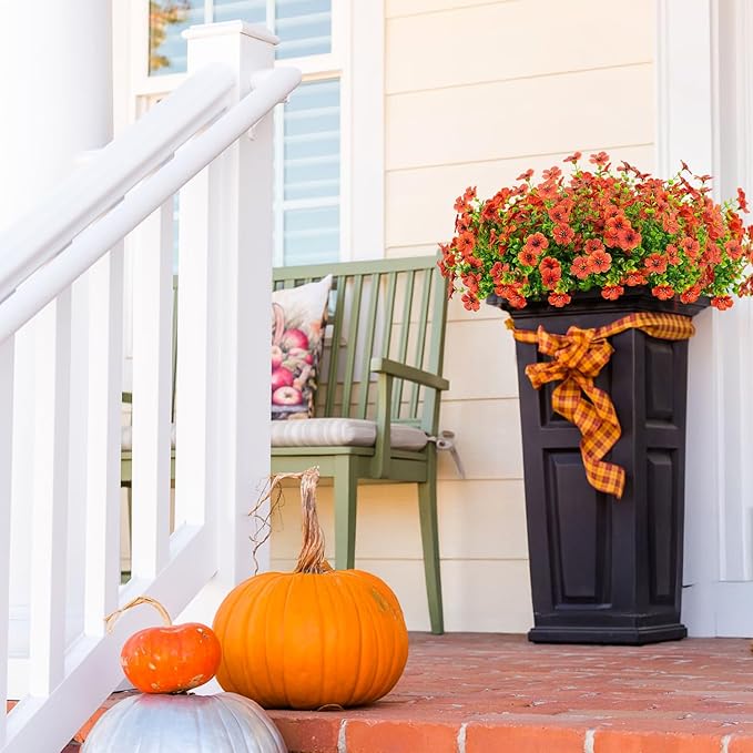 16 Bundles Artificial Flowers Outdoor Spring Summer Decoration Fake Silk Colorful Daisy Eucalyptus Realistic UV Resistant Outside Faux Plants for Garden Porch Window Box Home Decor (Orange)