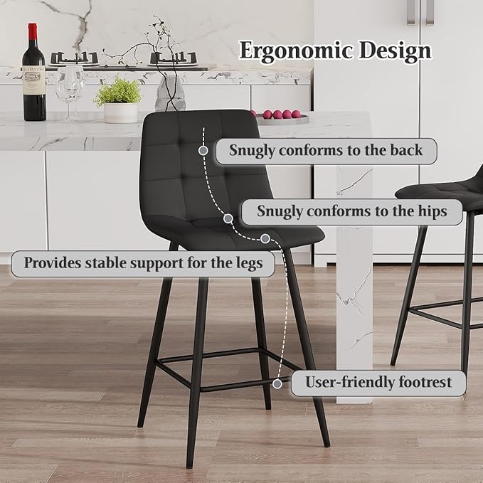 Black Barstools Set of 4, 24.4" Counter Height Bar Stools with Back & Metal Footrest, Modern Island Chairs Set of 4 for Kitchens Island Home Bar