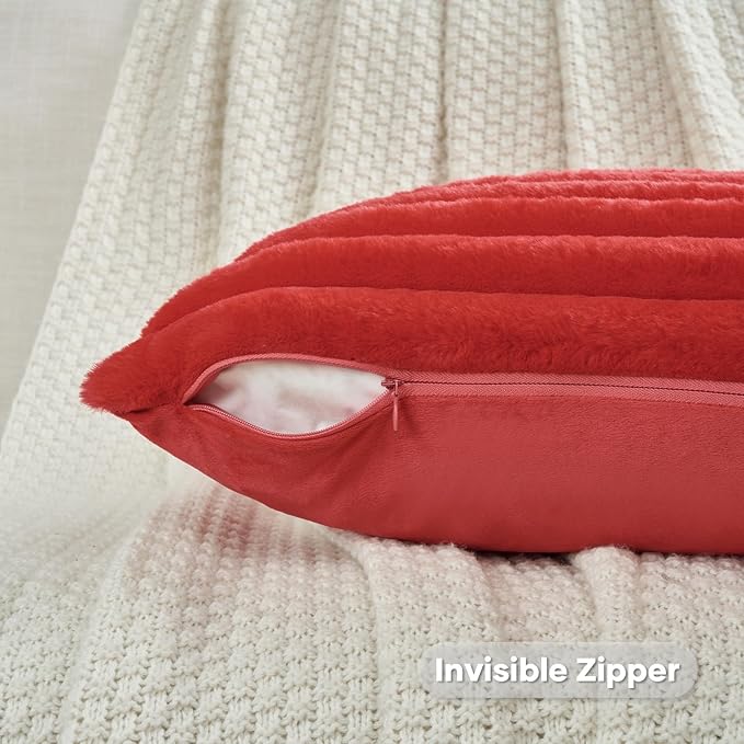 FUTEI Red Striped Decorative Throw Pillow Covers 22x22 Inch Set of 2,Square Fall Decorations Couch Pillow Case,Soft Cozy Faux Rabbit Fur & Velvet Back,Modern Home Decor for Bed