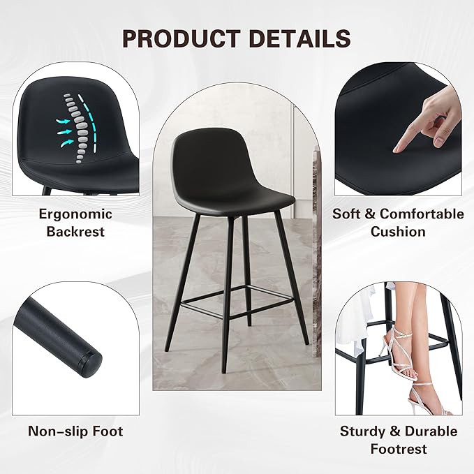 Black Bar Stools Set of 2,Faux Leather Counter Height Bar Stools,24.6" Bar Chairs with Back Metal Footrest,Modern Counter Stool with Back and Footrest for Kitchen Island Restaurants Pubs