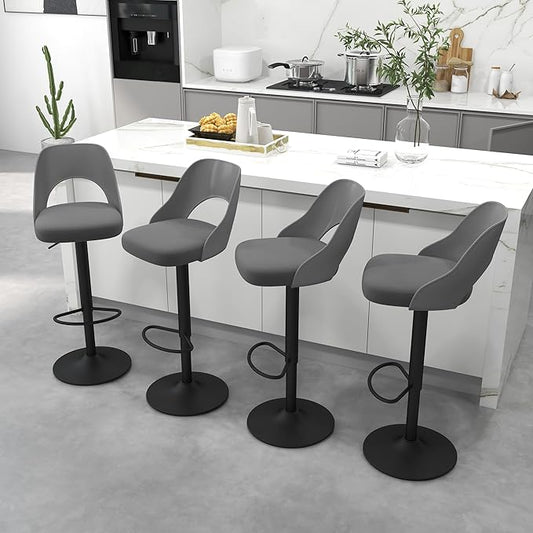 civama Bar Stools Set of 4 for Kitchen Counter, Seat Height Adjustable 25''-33'', Modern Upholstered Swivel Island Chairs with Hollow Backrest Metal Base, Grey