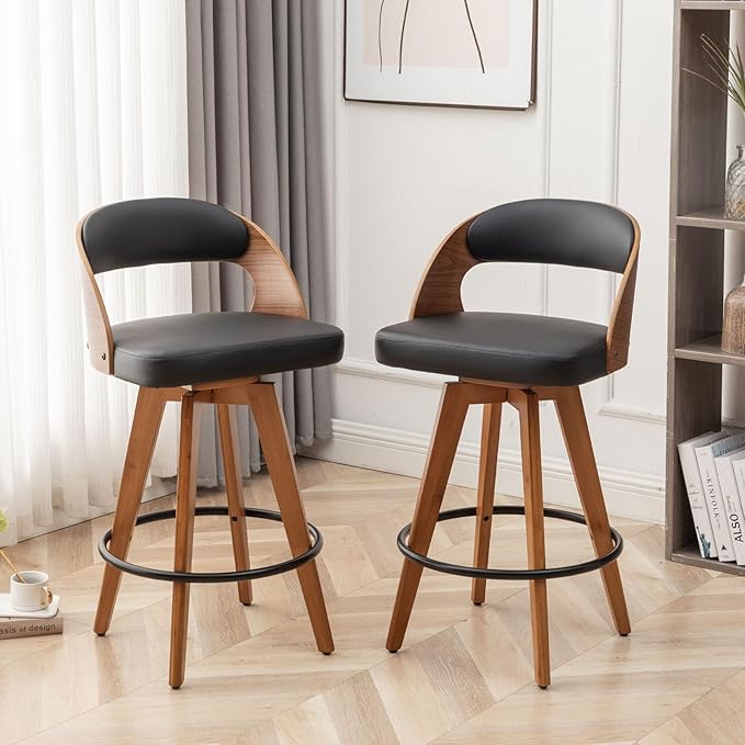 Barstools Set of 2,Bar Height Bar Stools for Kitchen Island,30.3 Inch Modern Upholstered Bar Chair, Swivel Bar Stools with Back and Wood Legs (Black-PU)