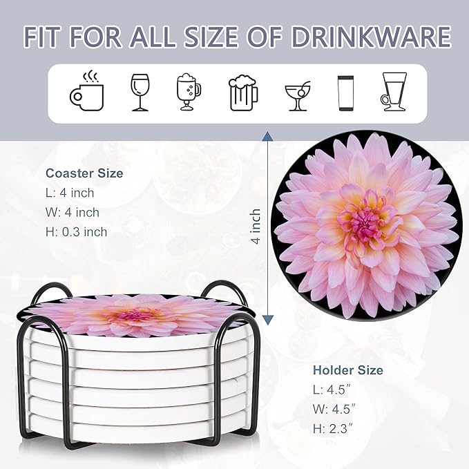 Drink Coasters Set of 6 with Holder, Sunflower Rose Flower Absorbent Ceramic Coasters with Cork Base,Fit All Cups,Great Gift for Housewarming,Room Decor,Bar,Holiday Party