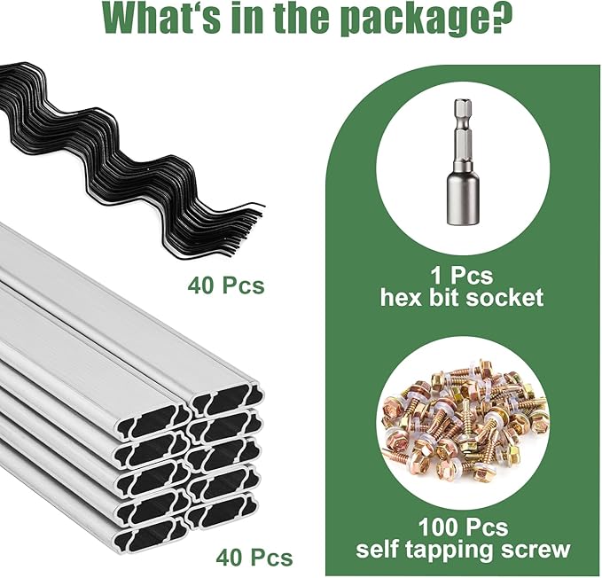 40-Pack Greenhouse Spring Wire & Lock Channel Kit | 3.28-Foot PVC-Coated Wires & Aluminum Channels | Poly Film/Shade Cloth Attachment System | Includes 100 Self Tapping Screws
