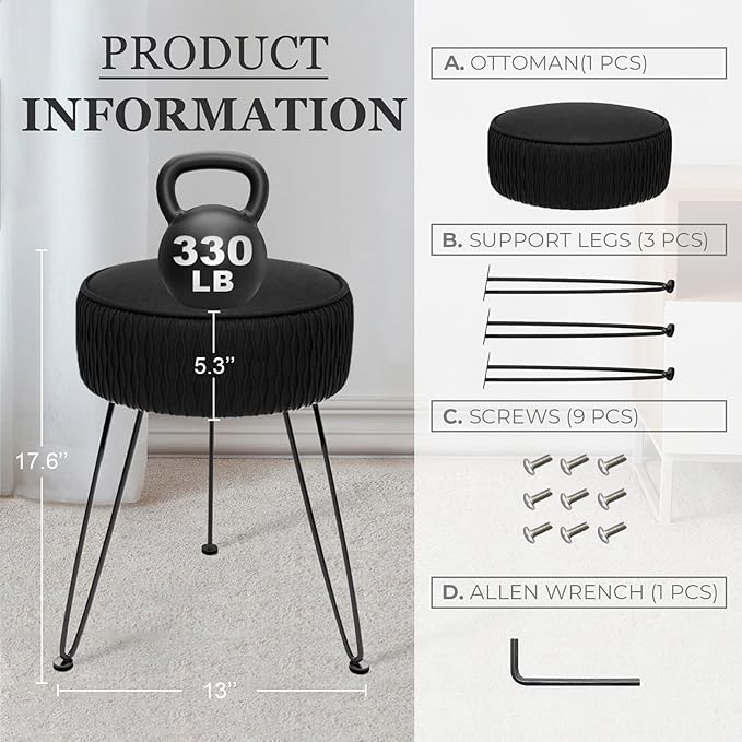 Velvet Vanity Stool Footrests, Round Ottoman Vanity Chairs with Anti-Slip Feet, Dressing Table Seat Foot Stool with Black Legs, Furry Padded Seat Side Table for Makeup Bedroom, Black