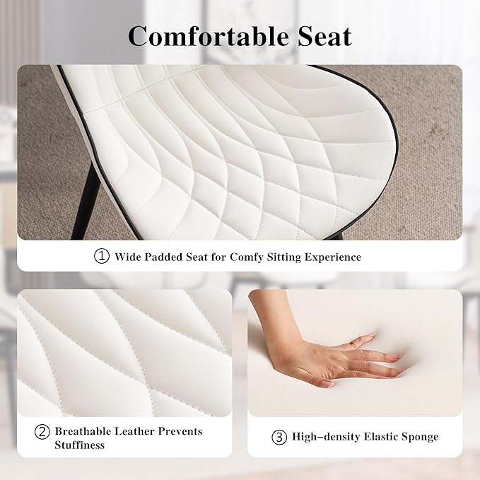 YOUNIKE Dining Chairs Set of 2, Upholstered Faux Leather Dining Room Chairs with Wide Curved Back and Adjustable Metal Legs, White