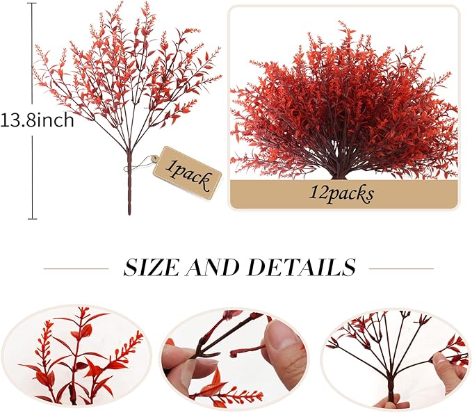 RECUTMS Fake Fall Plastic Flowers Artificial Lavender Plant UV Resistant Flowers Fake Autumn Plant Faux Outdoor Plants Faux Greenery for Party Yard Balcony Thanksgiving Decorations (Wine Red)