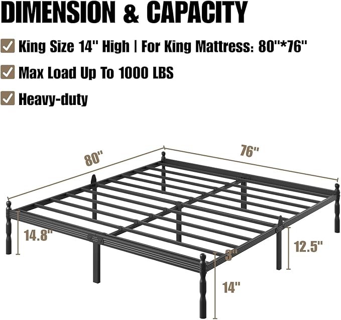 14 Inch King Size Bed Frame with 2 Pcs Mattress Slide Stopper, King Platform Bed Frame Metal, No Box Spring Needed, Easy Assembly, Heavy Duty, Noise Free, Non-Slip