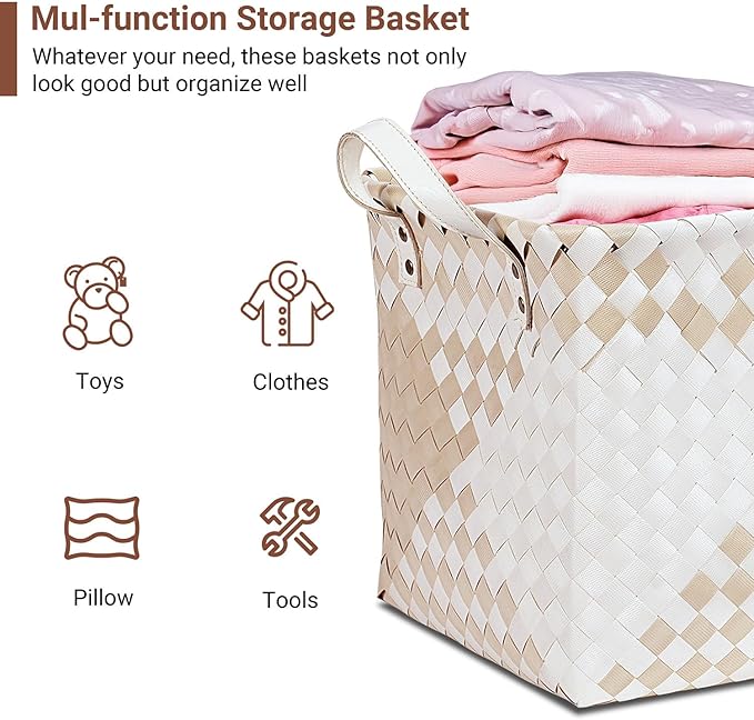 15L Laundry Baskets Waterproof Storage Baskets For Shelves Large Laundry Hamper With Leather Handle -set of 6 Cube Organizers Woven Bins for Bathroom,Bedroom,Pantry,Clothes,Car & Towels-Beige