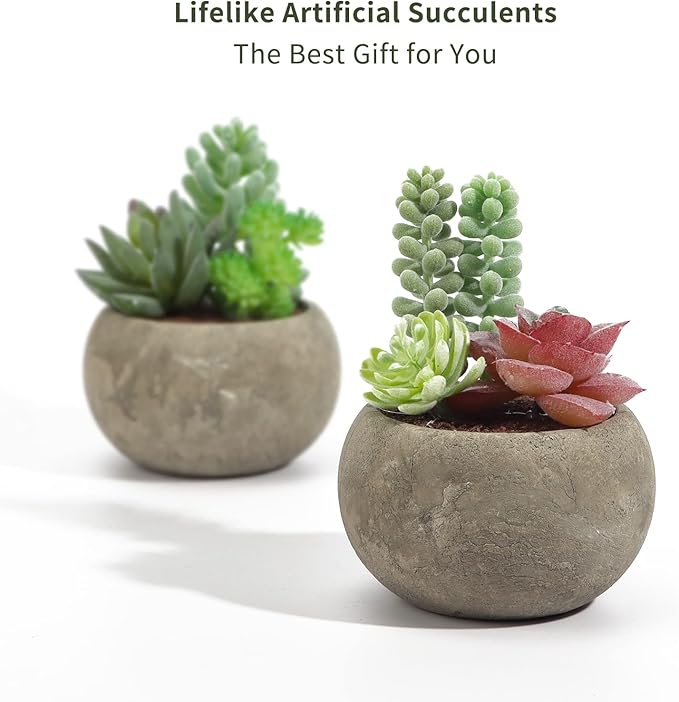 Succulents Plants Artificial 4 Pack, Mini Fake Succulents in Pots, Assorted Small Faux Succulent Decorative for Living Room Home Office Decor