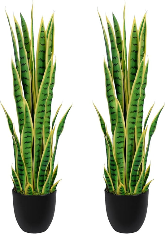 4ft Artificial Snake Plant – 46in Faux Sansevieria Plants, Fake Floor Plant for Indoor Outdoor, Front Porch Patio Home Office Decor, Mother-in-Law’s Tongue, Yellow 2Pcs