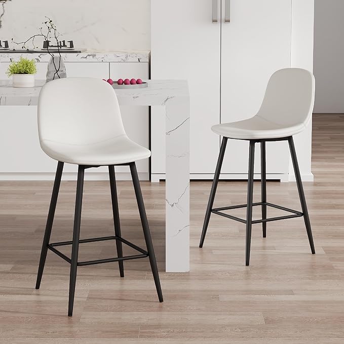 White Barstools Set of 2, 24.6" Counter Height Bar Stools with Back & Metal Footrest, Modern Island Chairs Set of 2 for Kitchens Island Home Bar