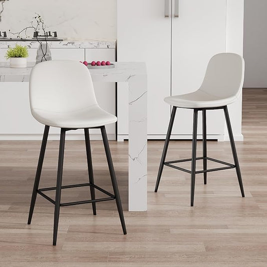 White Barstools Set of 2, 24.6" Counter Height Bar Stools with Back & Metal Footrest, Modern Island Chairs Set of 2 for Kitchens Island Home Bar