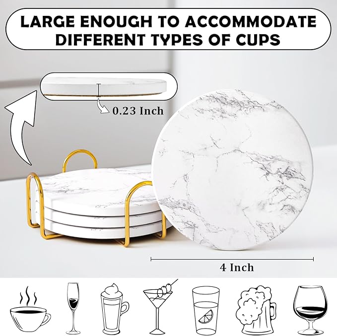 GOH DODD Coasters for Drinks Set of 4, Absorbent Marble Style Ceramic Coaster Tabletop Protection Home Decor with Metal Holder for Coffee Table Housewarming Gifts Wedding Party, White, Round, 4 Inch