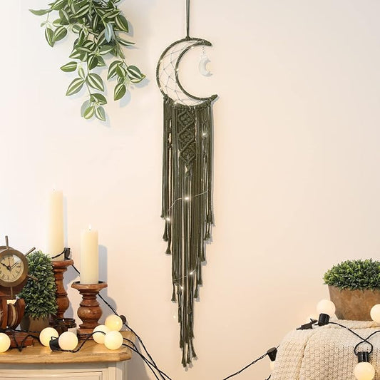 Olive Macrame Moon Dream Catcher, Boho Crescent Phase Woven Wall Hanging with Light, Handmade Unique Bohemian Nursery Decor with Star Ornament Decoration for Home Bedroom, for Girl Kids