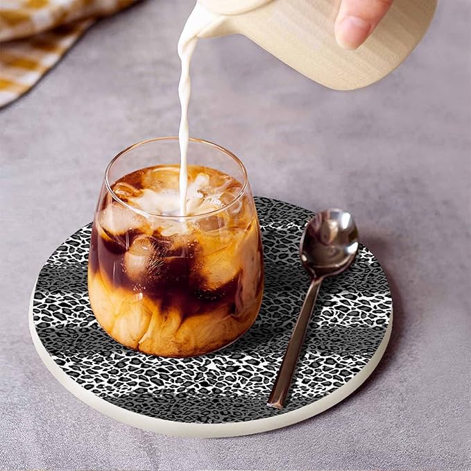 Repeating Leopard Spots Drink Coaster Cheetah Skin Pattern Leo Dots Design Beautiful Home Decor Diatomite Heat-Resistant Diatomite 4 Inch for Cold Drinks Wine Mugs Cups